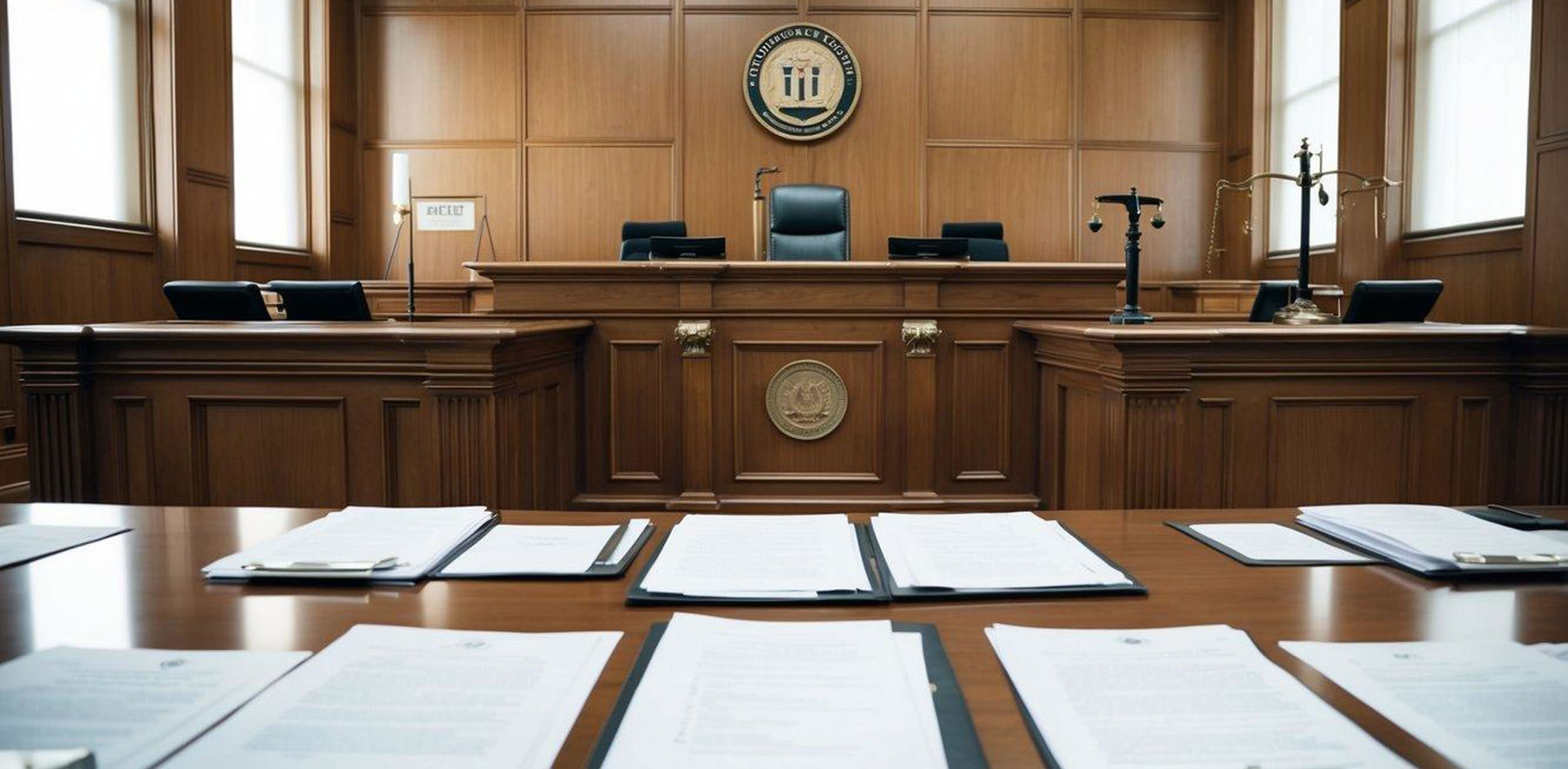A courtroom with a judge's bench, witness stand, and jury box. Evidence exhibits displayed and legal documents scattered on the tables