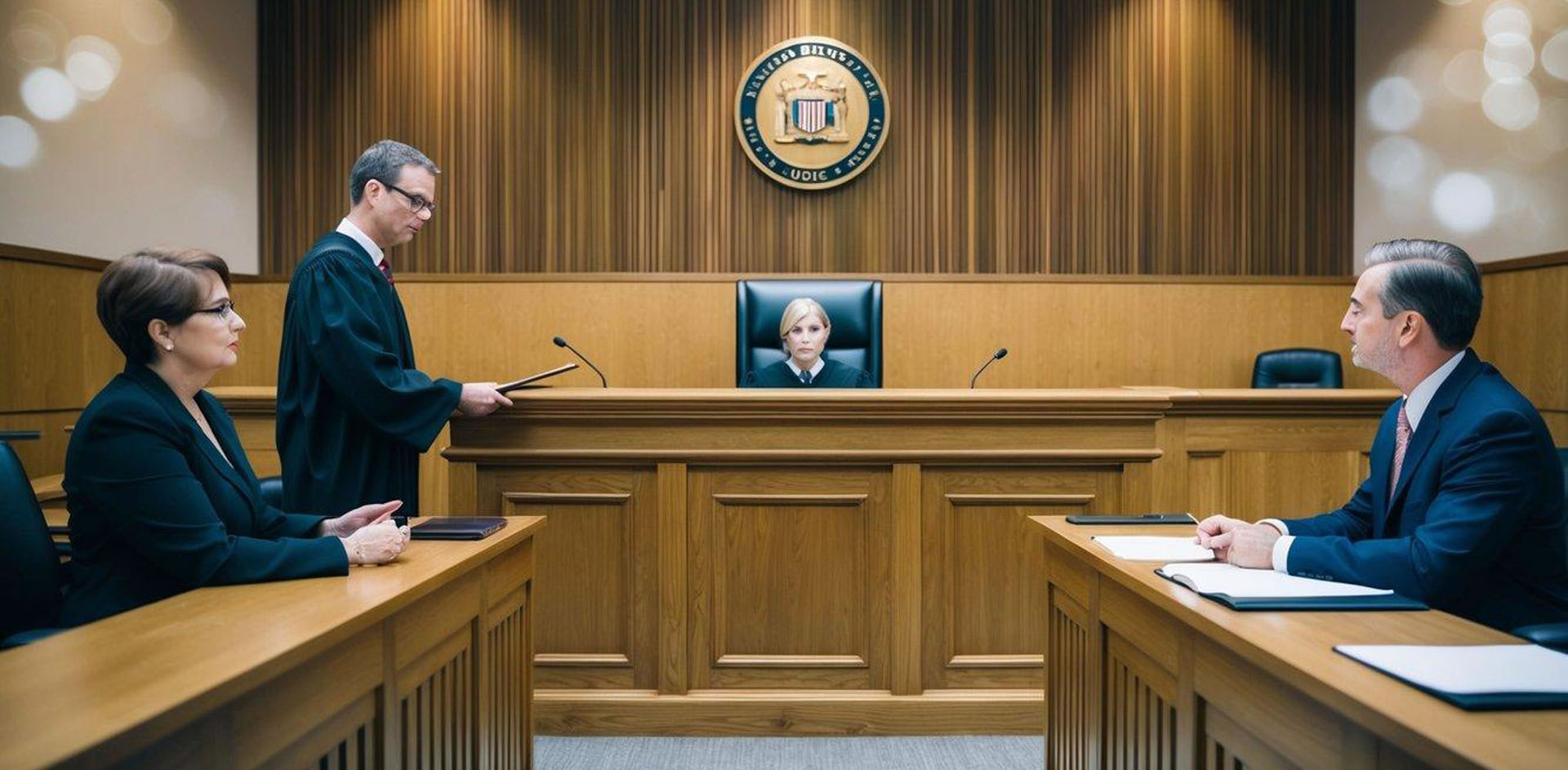 A courtroom with a judge's bench, witness stand, and jury box. A prosecutor presents evidence while the defense attorney challenges its credibility