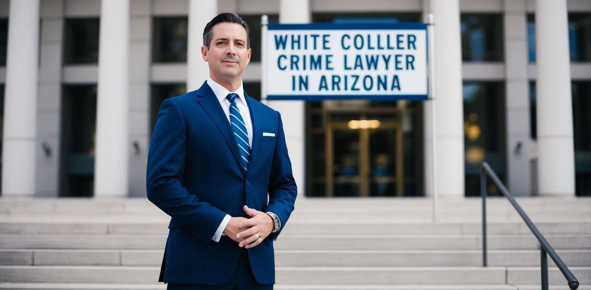 A lawyer in a suit standing in front of a courthouse with a sign reading White Collar Crime Lawyer in Arizona.