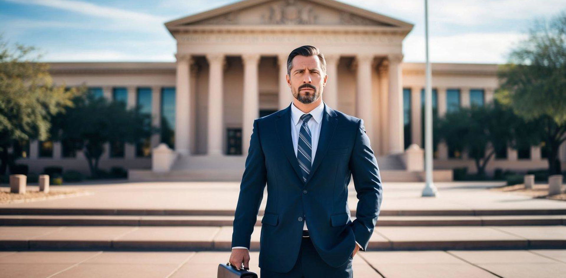A lawyer standing in front of a courthouse in Arizona, with a briefcase and a serious expression, representing the need for legal representation in white collar crime cases
