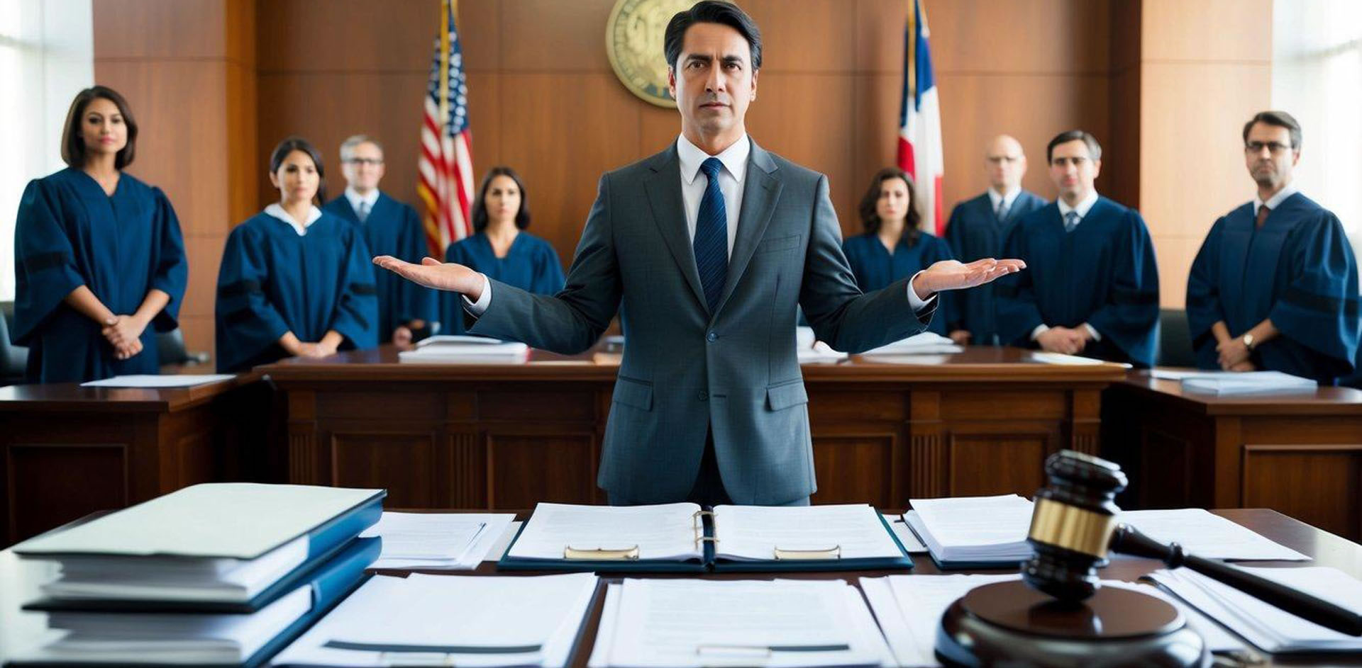 A courtroom scene with a lawyer standing confidently before a judge and jury, surrounded by legal documents and evidence